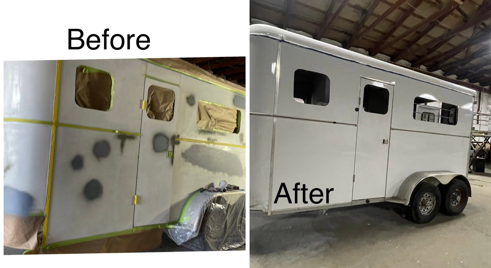 Horse trailer before and after paint repair
