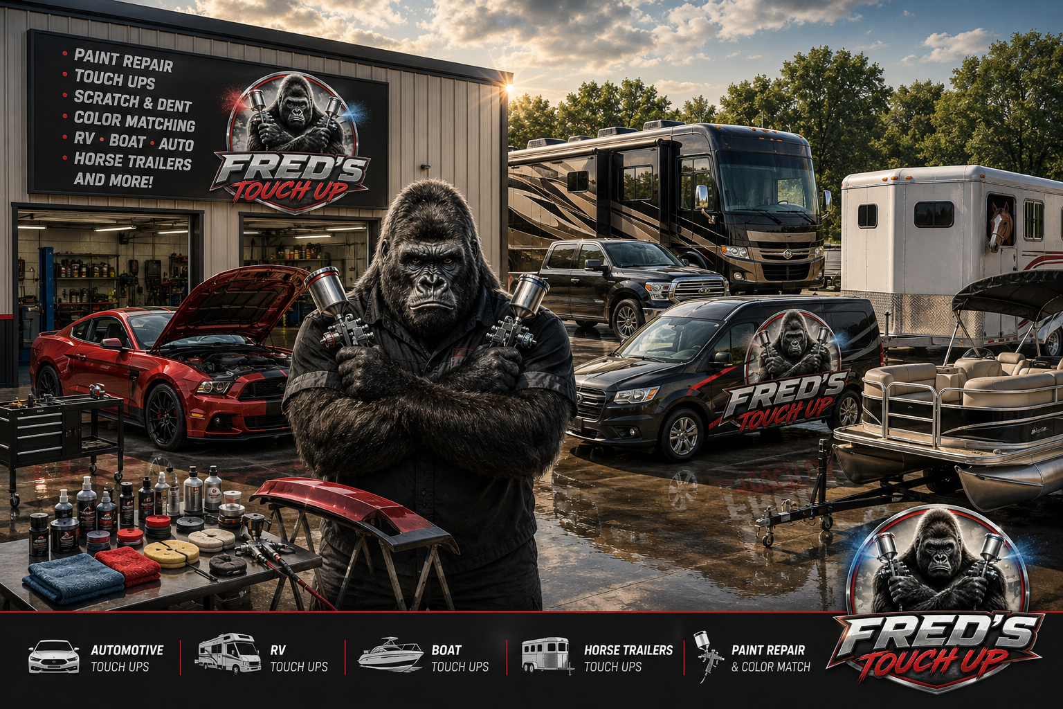 Fred's Touch Up service scene with RV, auto, trailer and boat